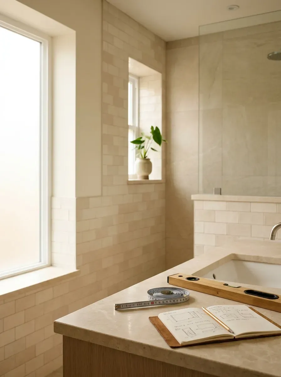 Design visualisation of a bathroom being surveyed before renovation — a measuring tape, spirit level and a notebook with layout sketches on the vanity.