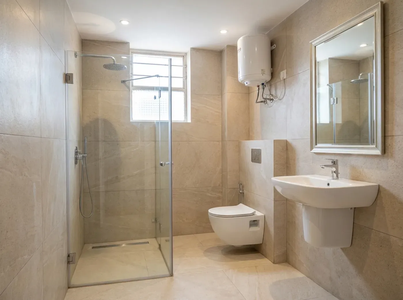 The same bathroom after renovation, from the same viewpoint: a wall-hung WC where the squat pan was, a glass-enclosed shower with a linear drain in the old bathing corner, a new basin and mirror in place of the old one, and large stone-look tiles throughout.