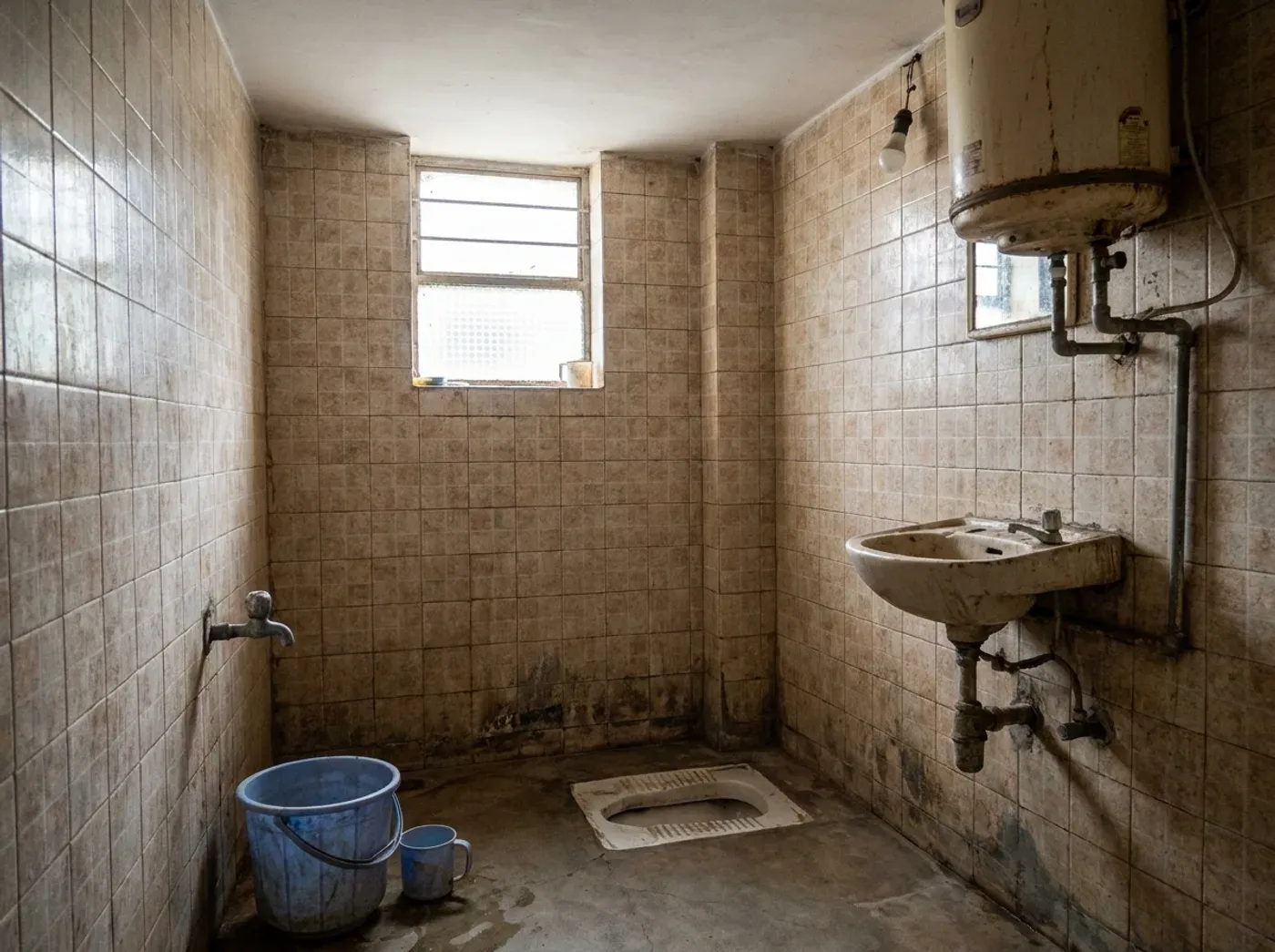 The same bathroom before renovation: a traditional Indian squat pan set flush into the floor, a separate bucket-and-tap bathing corner, small stained wall tiles, a wall-hung basin and an old geyser with exposed pipework.