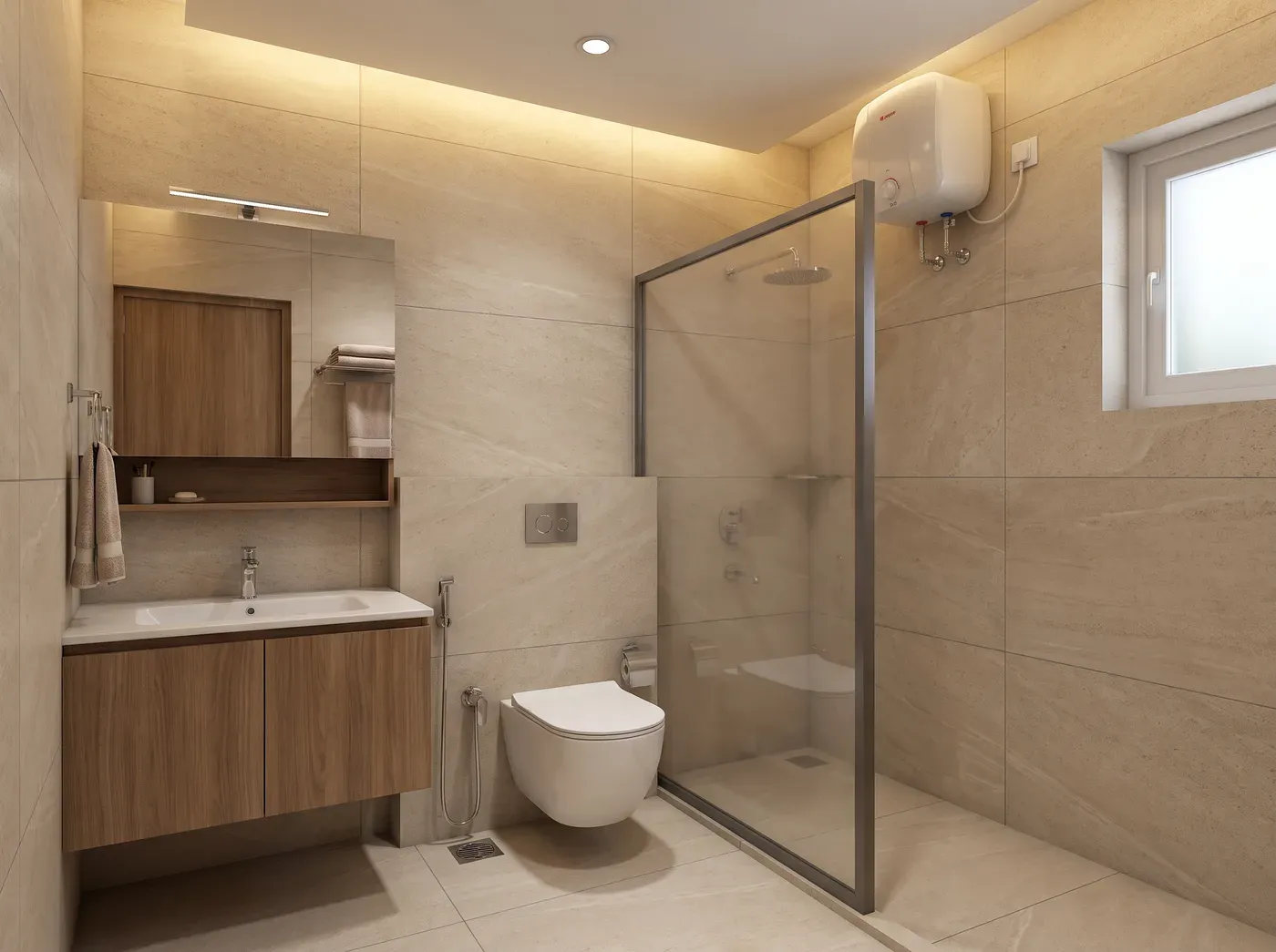 Warm Practical bathroom — a design visualisation showing soft stone tones, warm wood-look storage, easy-clean surfaces and balanced lighting for an inviting everyday bathroom.