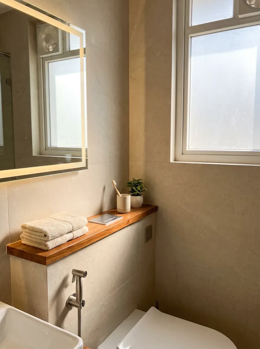 A calm, well-organised renovated bathroom vanity corner with a lit mirror and health faucet — a design visualisation of a good outcome.