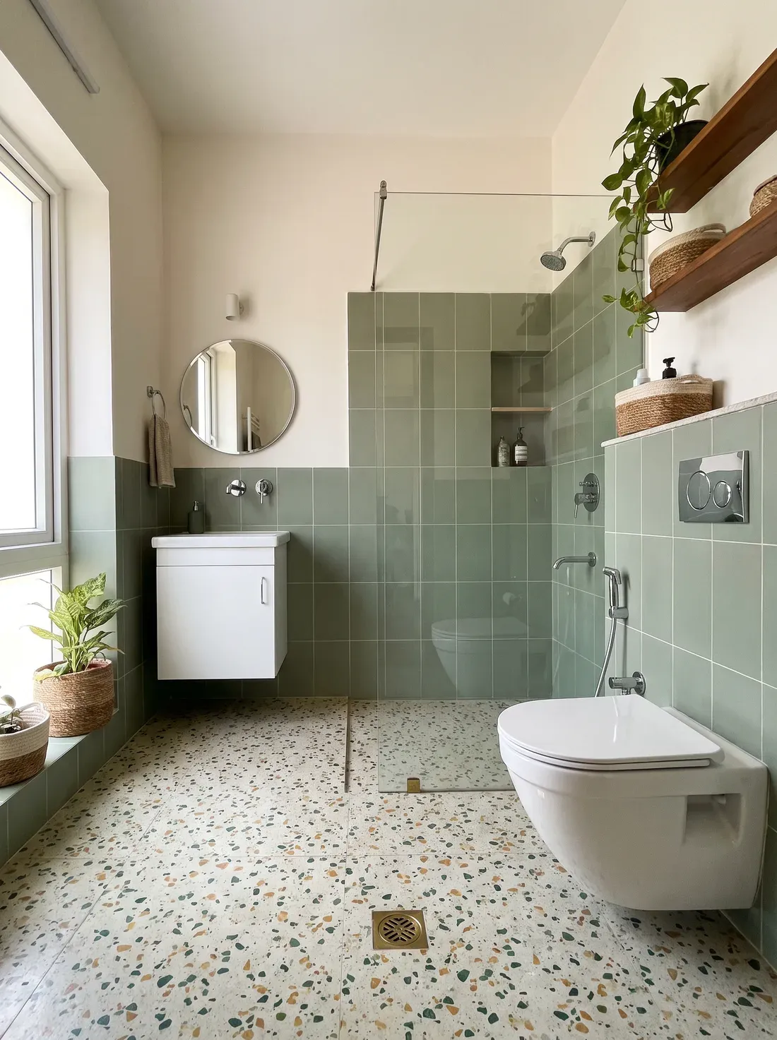 An independent-house family bathroom with a speckled terrazzo floor, sage-green tiles, a round mirror and a glass shower partition — a design visualisation.