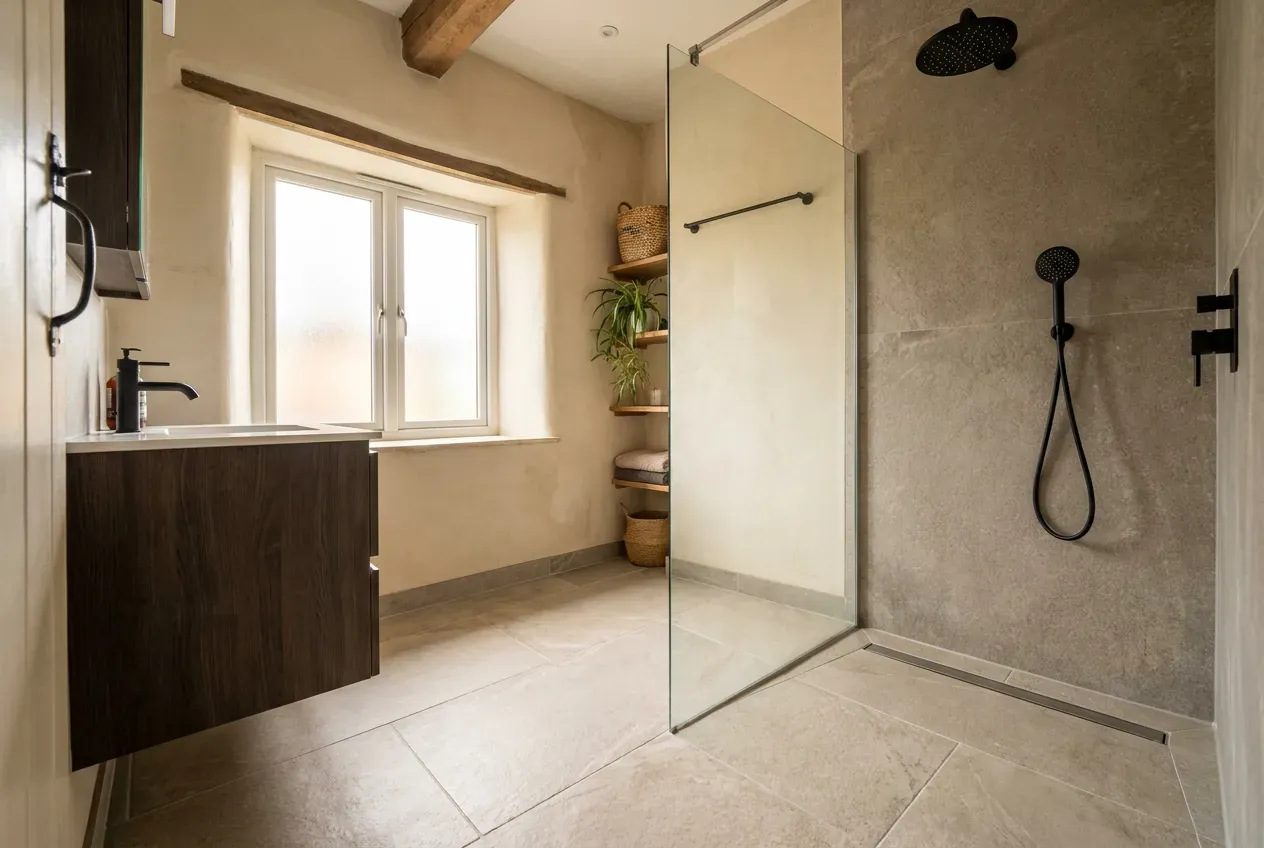 Design visualisation of a renovated residential bathroom with a wood-look wall-hung vanity, a walk-in glass shower and stone-look tiling.