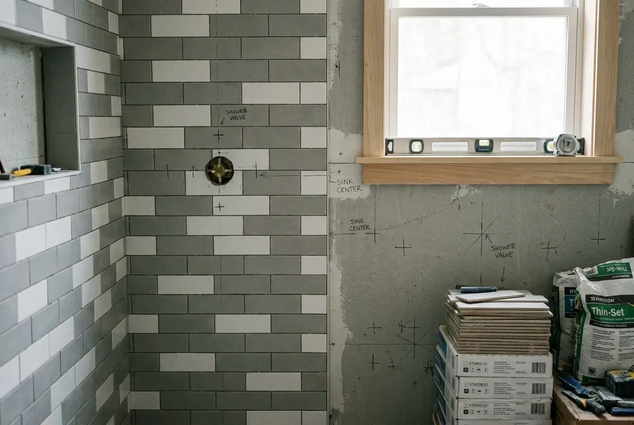 Design visualisation of a bathroom partway through renovation, with one wall tiled and the adjacent wall marked out for plumbing points before finishing.