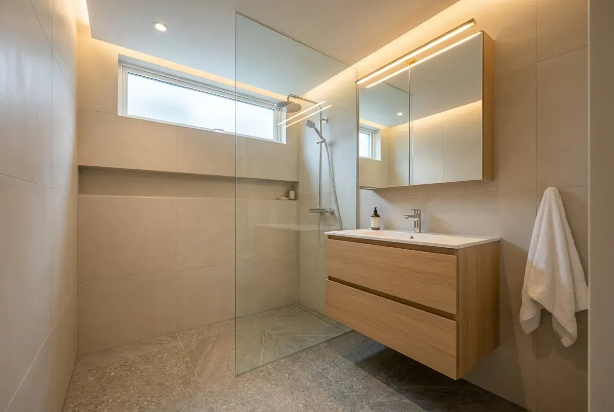 Design visualisation of a compact bathroom with a wall-hung vanity, mirror cabinet and a glass wet-and-dry partition keeping the room ordered.
