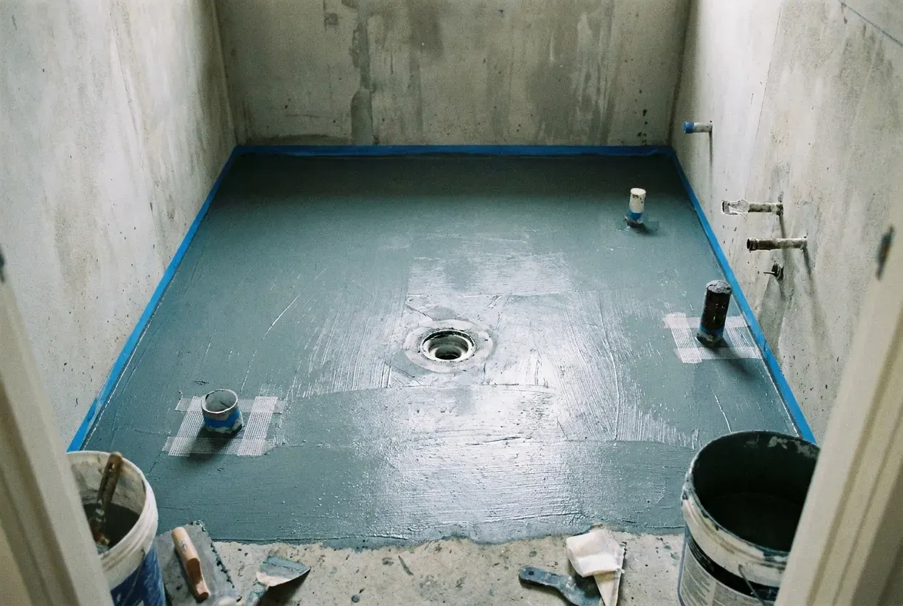 Design visualisation of a bathroom floor at the waterproofing stage, with the membrane applied over the screed and the drain and pipe penetrations detailed before tiling.