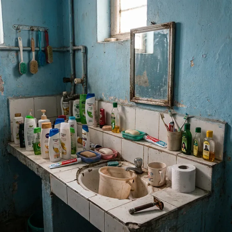 Storage that no longer works — Crowded counters and exposed supplies make a small bathroom harder to clean and less comfortable to use.